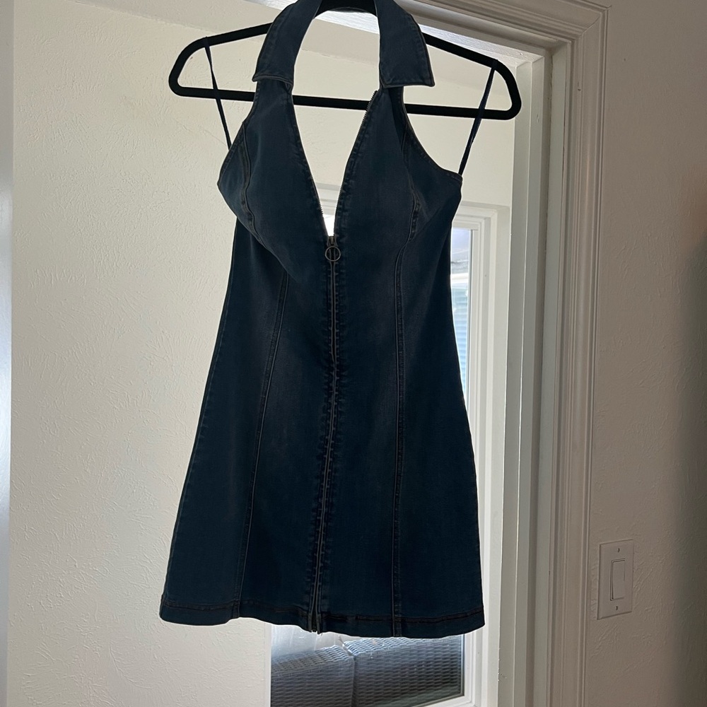 Urban Outfitters Denim Zip-Front Halter Dress - Blue